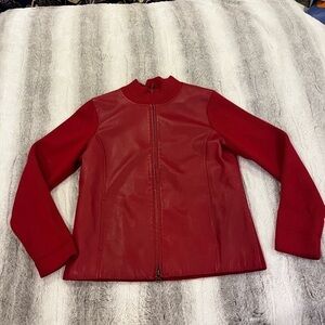 Vintage 1990s Pendleton Red Leather Merino Wool Blend Front Zip Sweater Jacket S